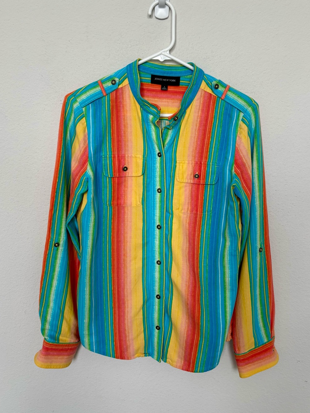 Jones New York Retro Inspired Multicolored Striped Utility Button Front Shirt